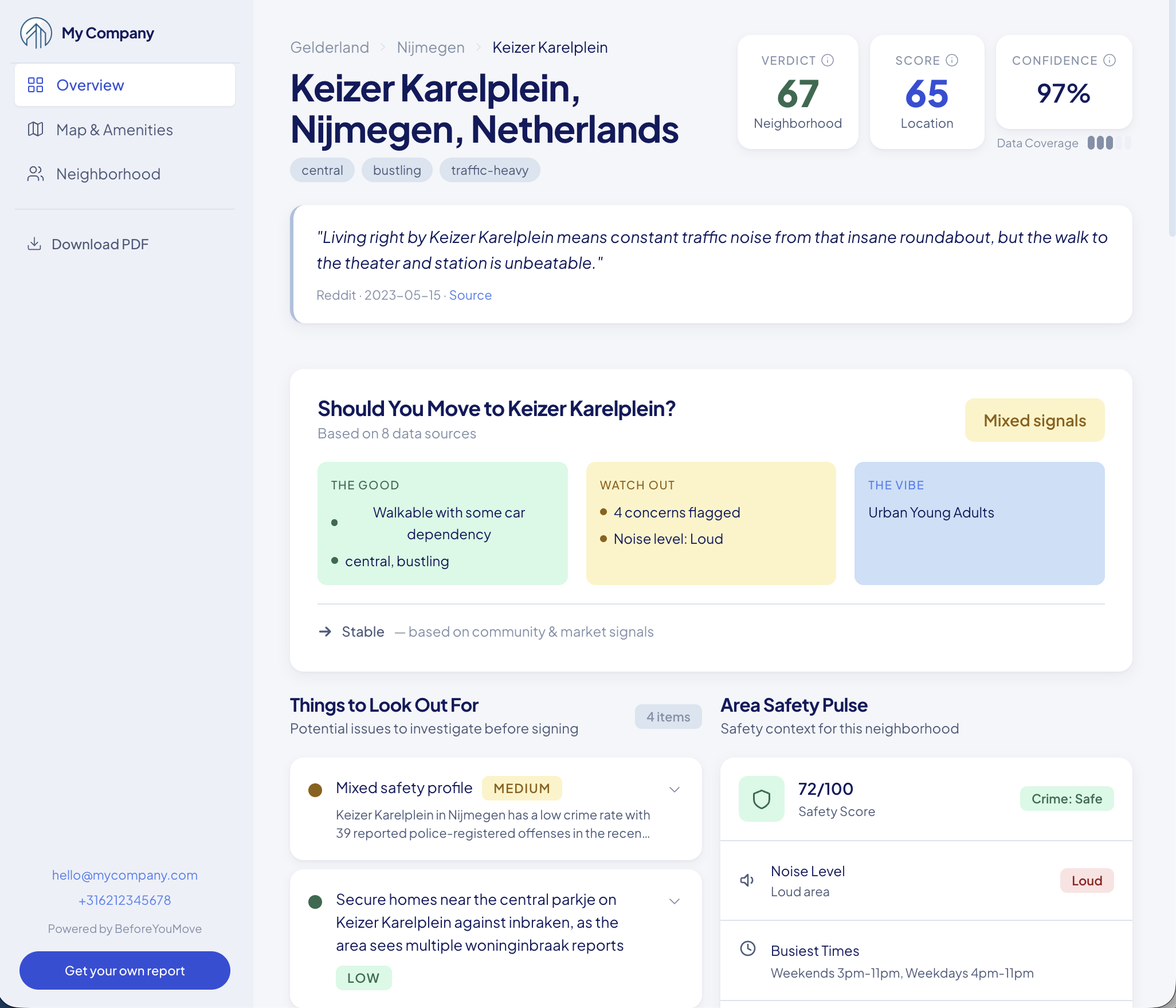 An interactive branded shared neighborhood report opened in a browser, with a left-hand sidebar carrying the agent's branding and the agent's contact card.